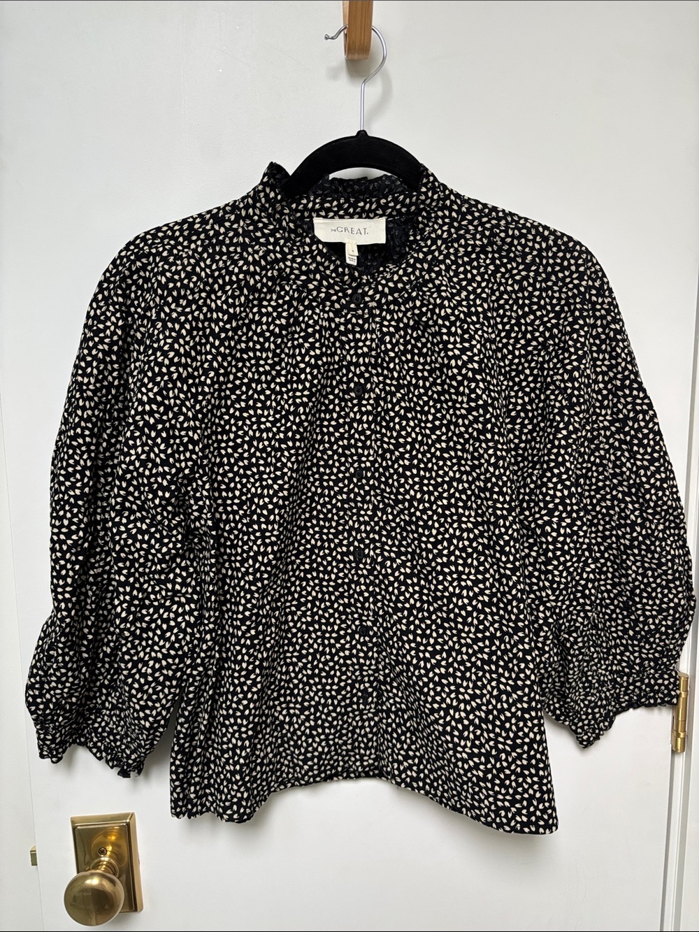 THE GREAT. Black and White Micro-Print Puff-Sleeve Blouse